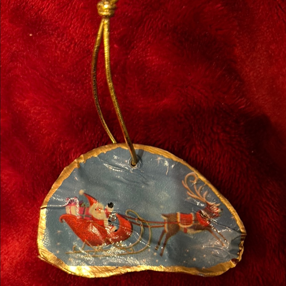 Holiday Ornament with Santa and Reindeer - Red and Gold
